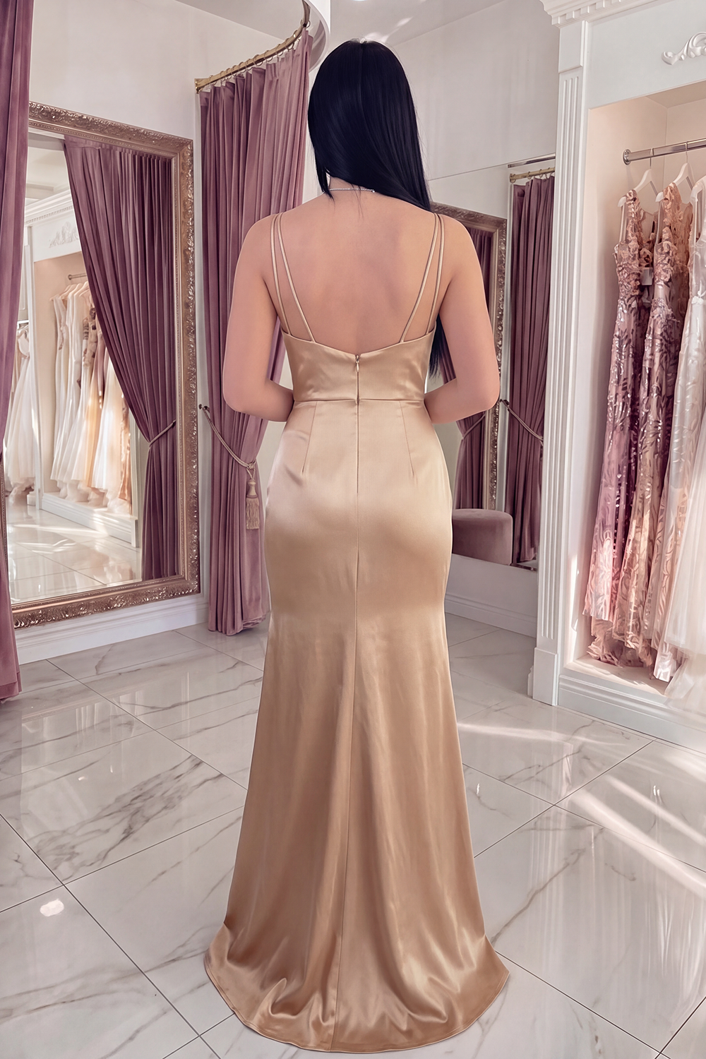 Sparkly Champagne Long Satin Mermaid Beaded Gala Dress with Cape