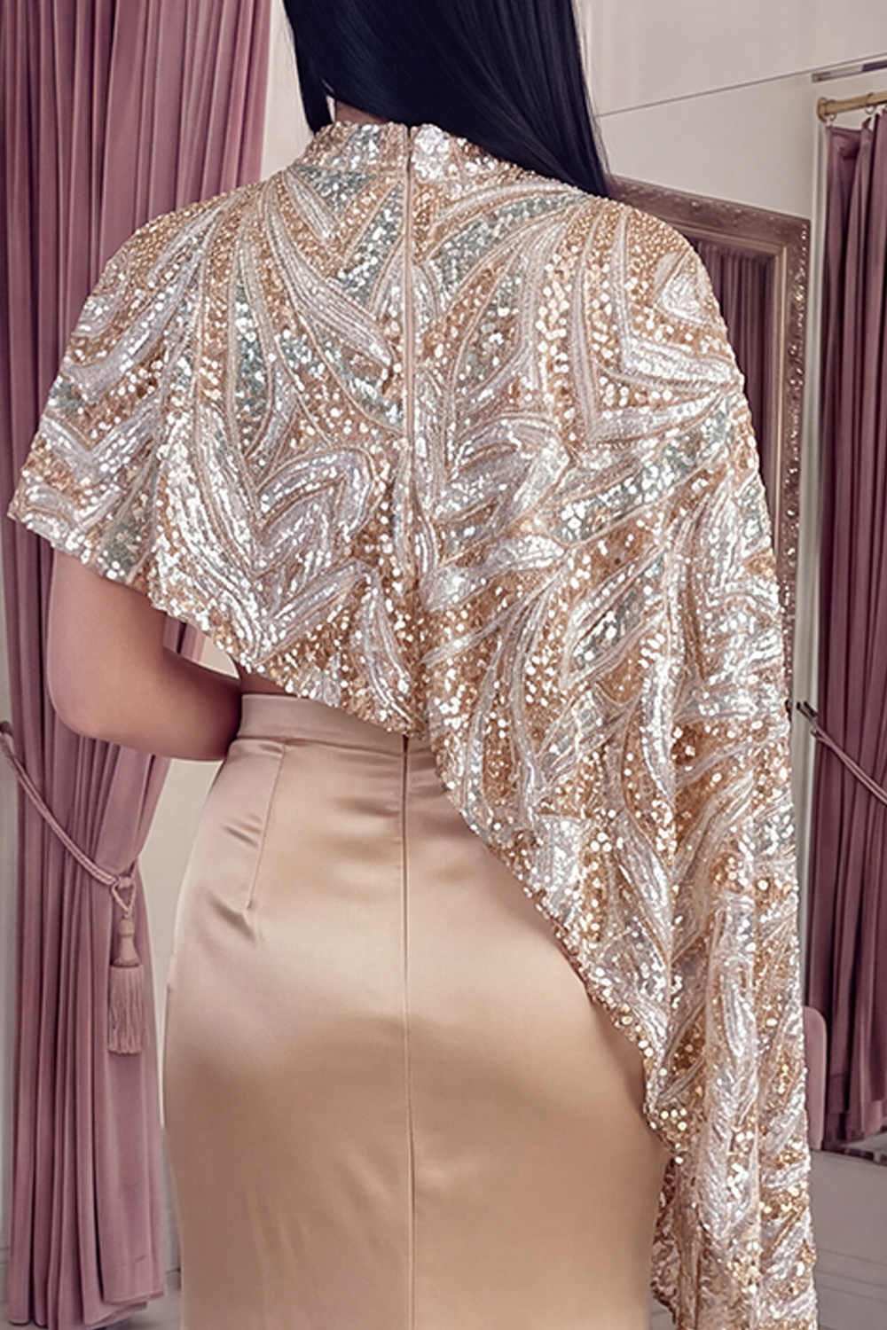 Sparkly Champagne Long Satin Mermaid Beaded Gala Dress with Cape