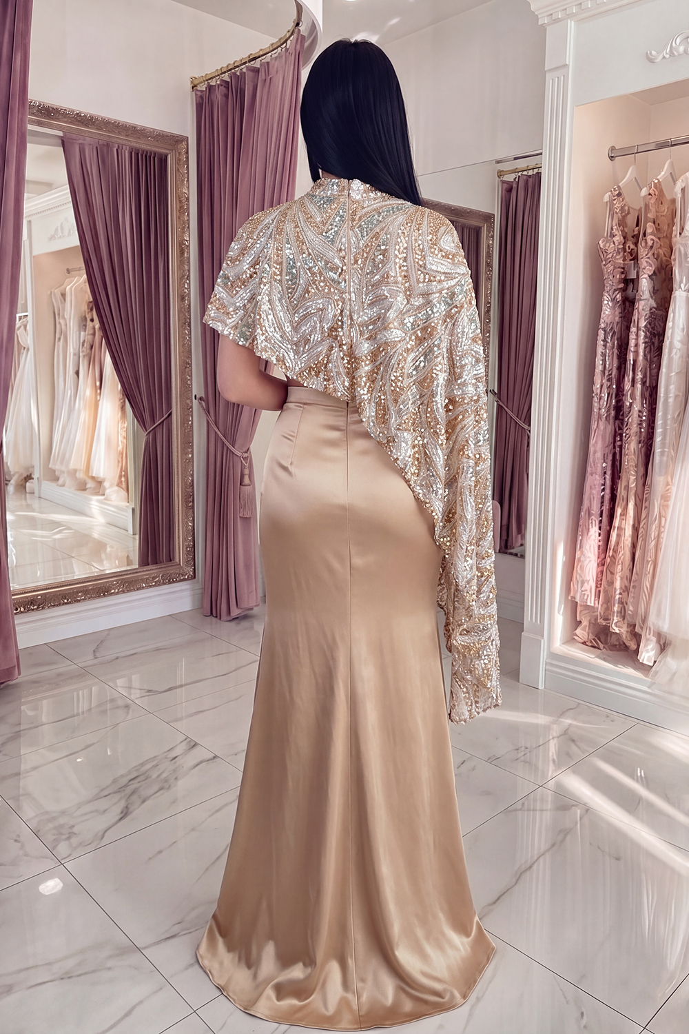 Sparkly Champagne Long Satin Mermaid Beaded Gala Dress with Cape