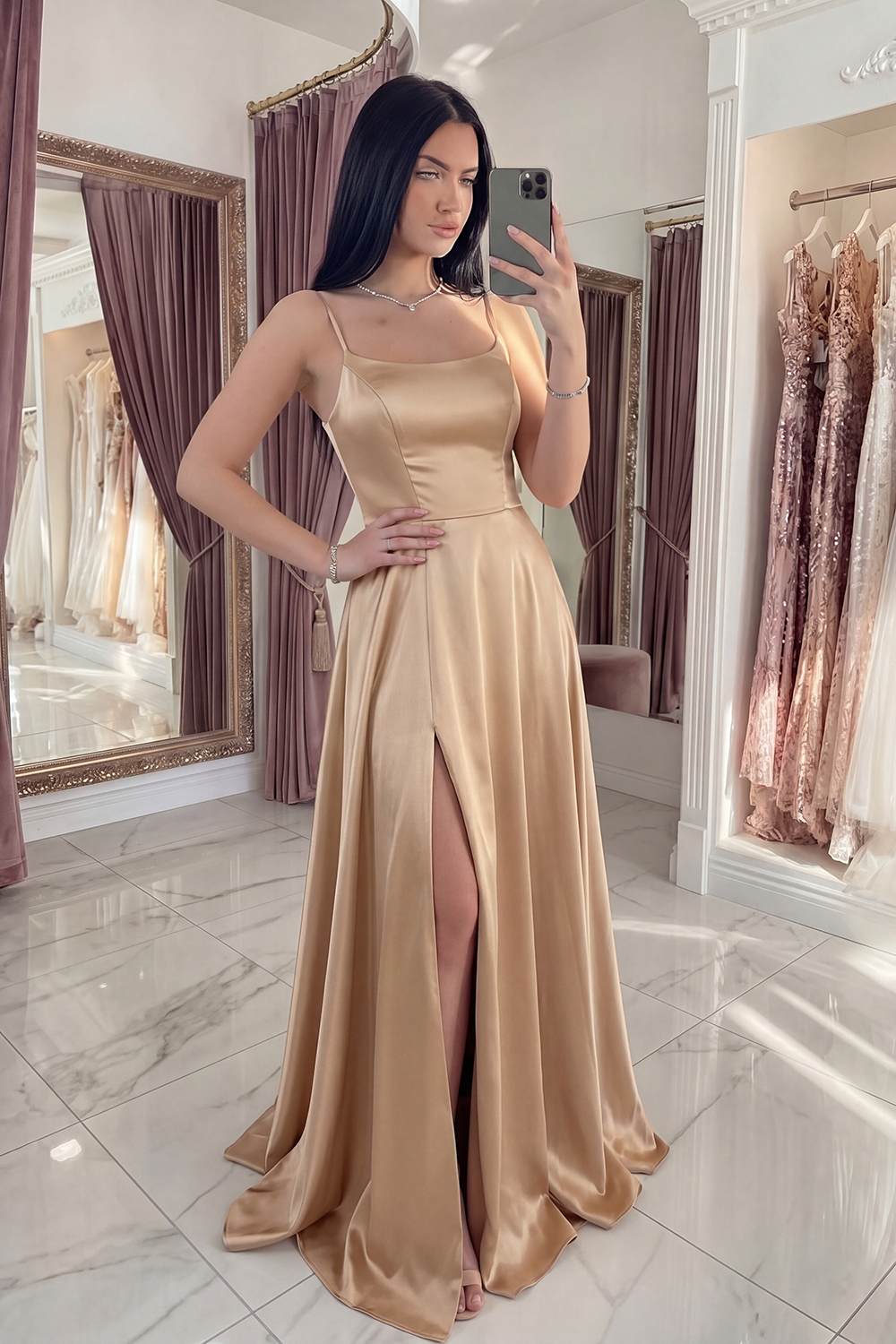 Sparkly Champagne Long Satin Mermaid Beaded Gala Dress with Cape
