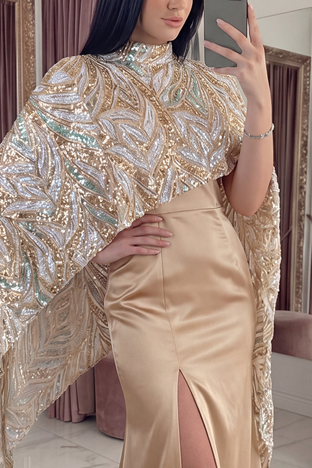 Sparkly Champagne Long Satin Mermaid Beaded Gala Dress with Cape