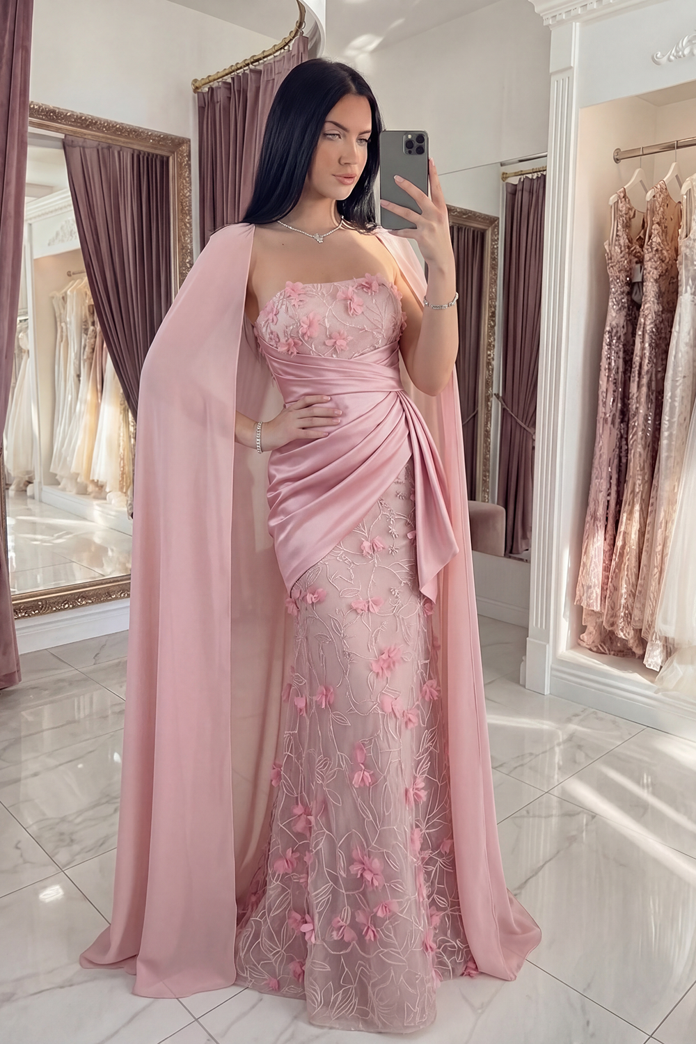 Pink Strapless Mermaid Long Floral Ruched Gala Dress with Shawl