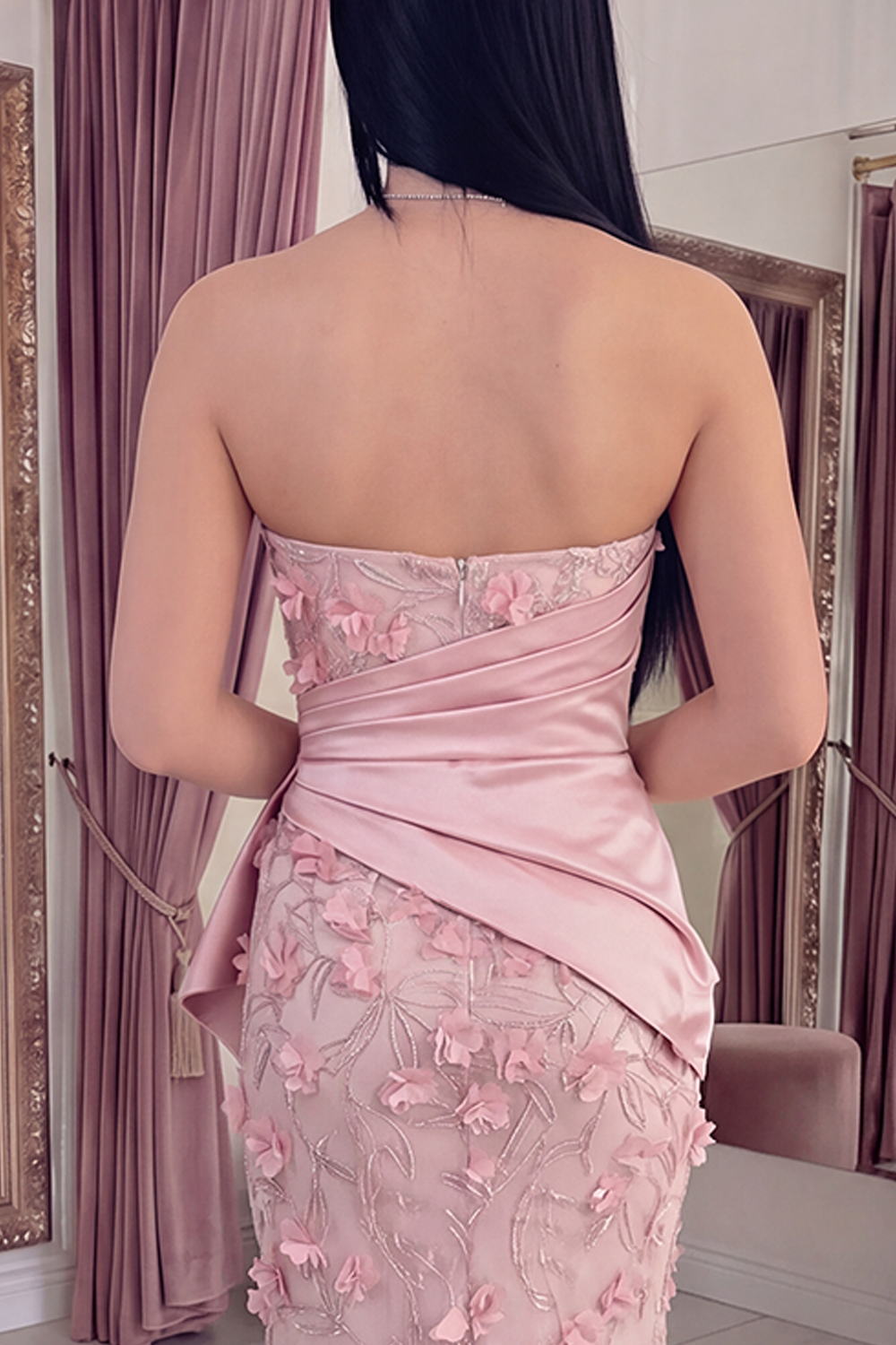 Pink Strapless Mermaid Long Floral Ruched Gala Dress with Shawl