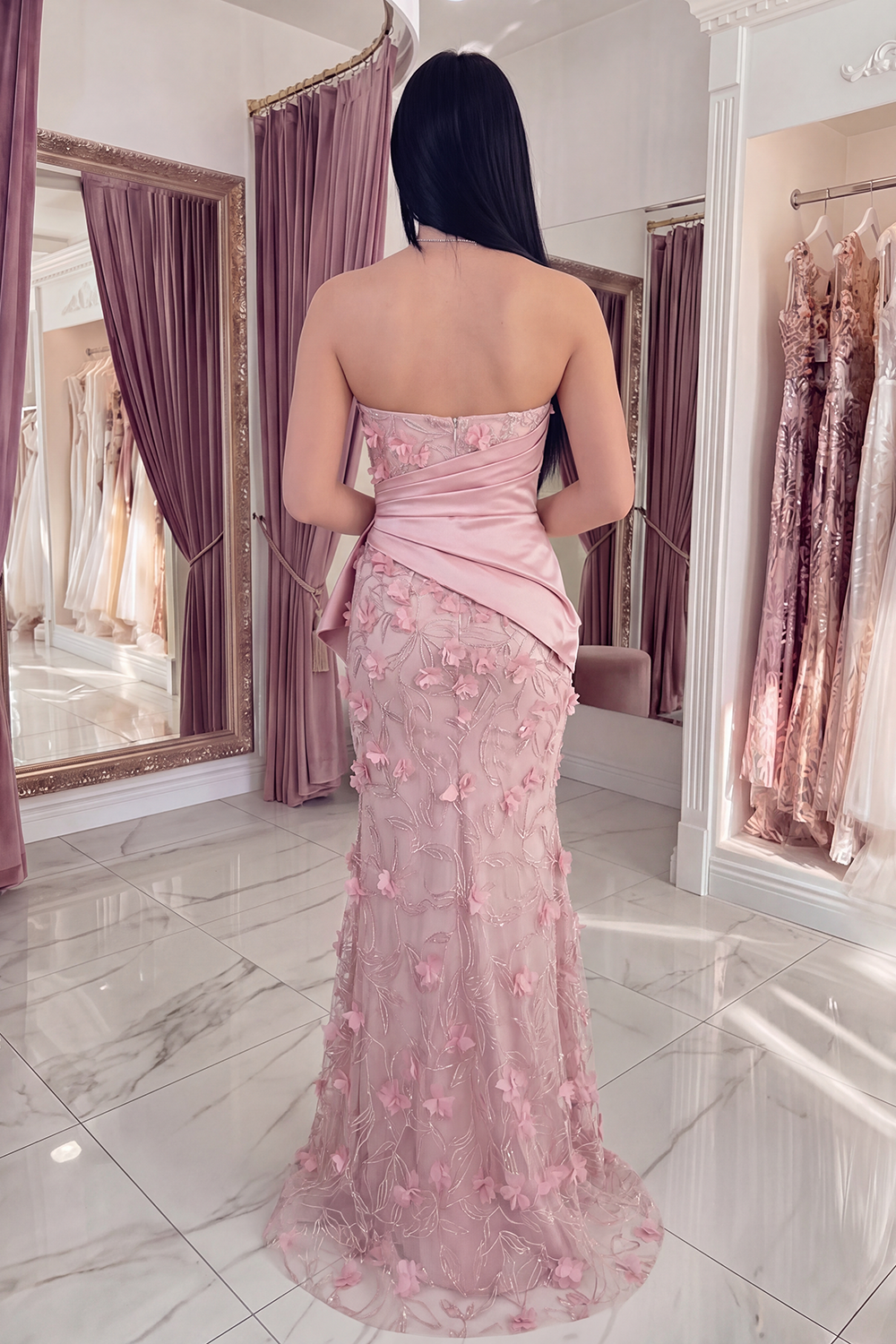 Pink Strapless Mermaid Long Floral Ruched Gala Dress with Shawl
