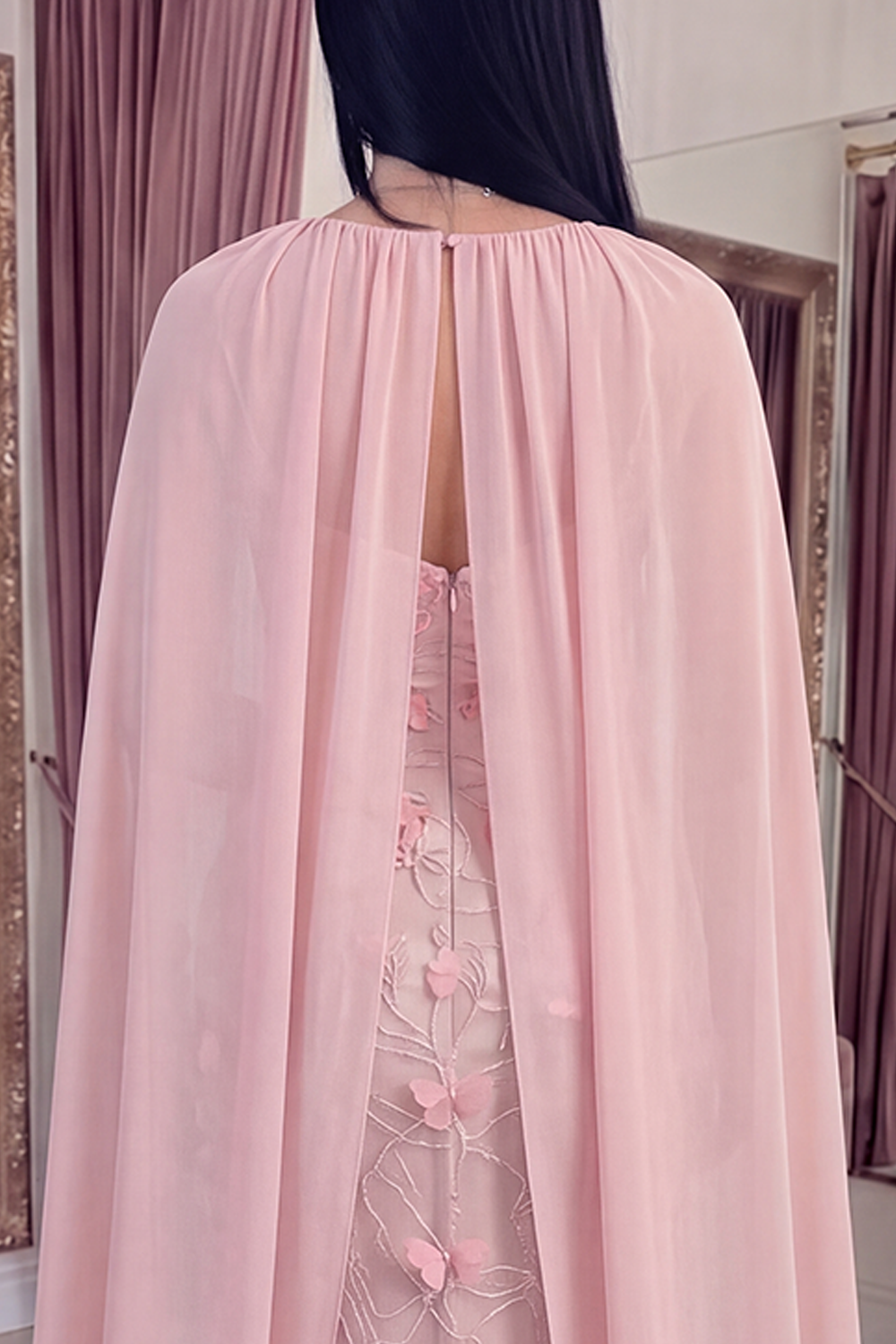 Pink Strapless Mermaid Long Floral Ruched Gala Dress with Shawl