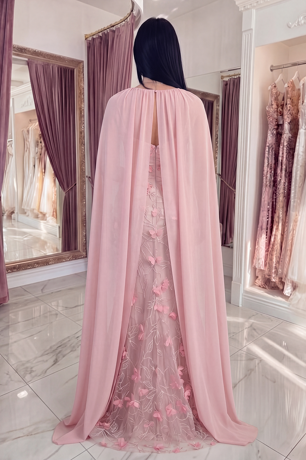 Pink Strapless Mermaid Long Floral Ruched Gala Dress with Shawl