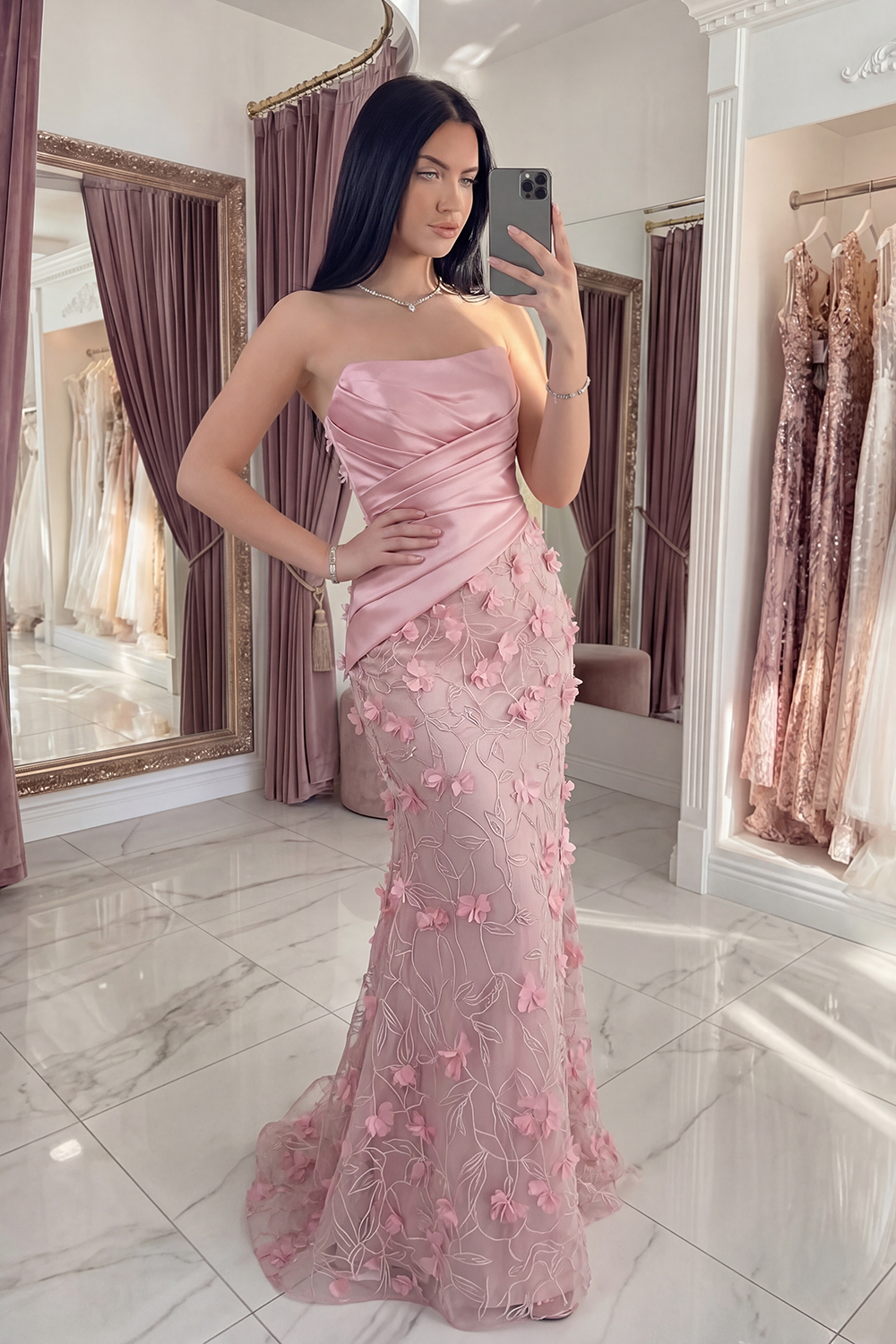 Pink Strapless Mermaid Long Floral Ruched Gala Dress with Shawl