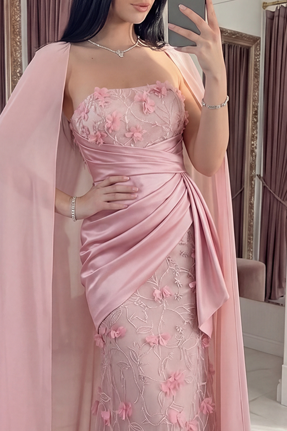 Pink Strapless Mermaid Long Floral Ruched Gala Dress with Shawl