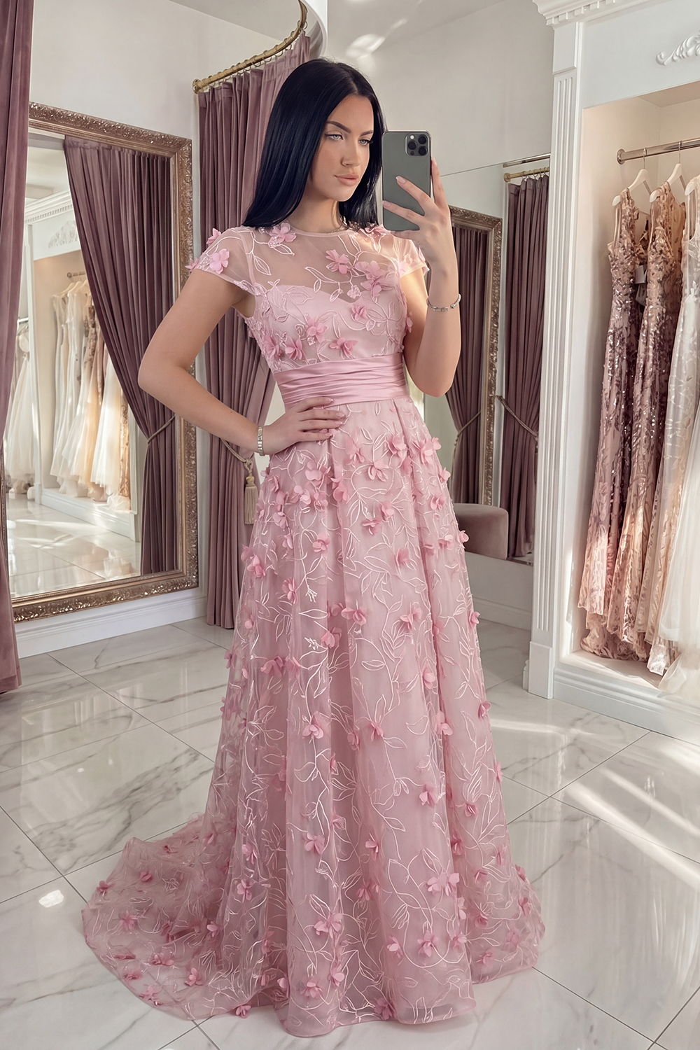 Pink A Line Round Neck Long Floral Formal Dress with Sleeves