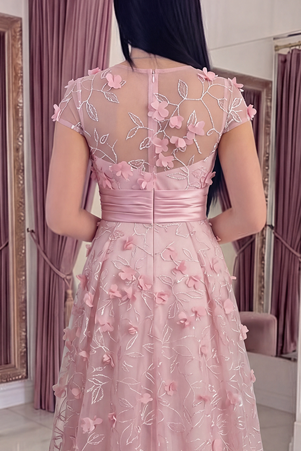 Pink A Line Round Neck Long Floral Formal Dress with Sleeves