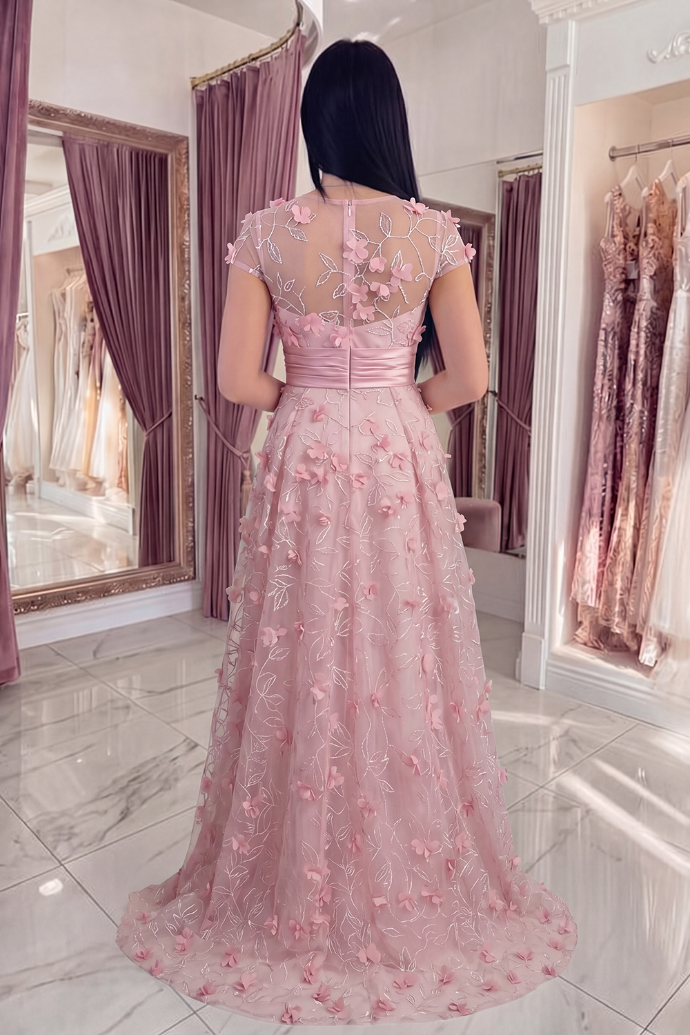 Pink A Line Round Neck Long Floral Formal Dress with Sleeves