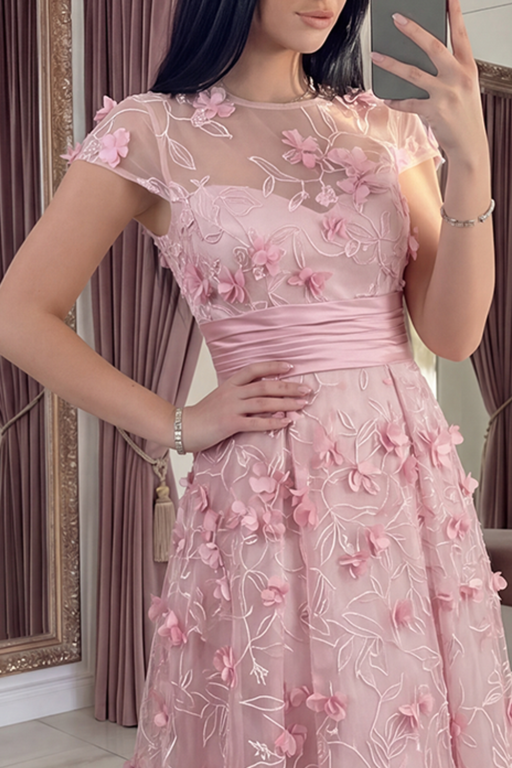 Pink A Line Round Neck Long Floral Formal Dress with Sleeves