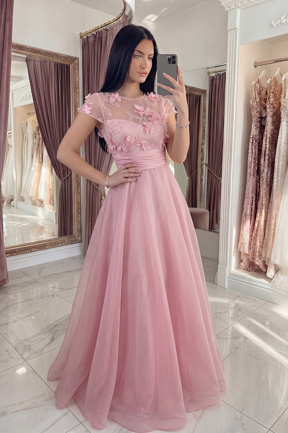 Pink Floral Long A Line Formal Dress with Sleeves