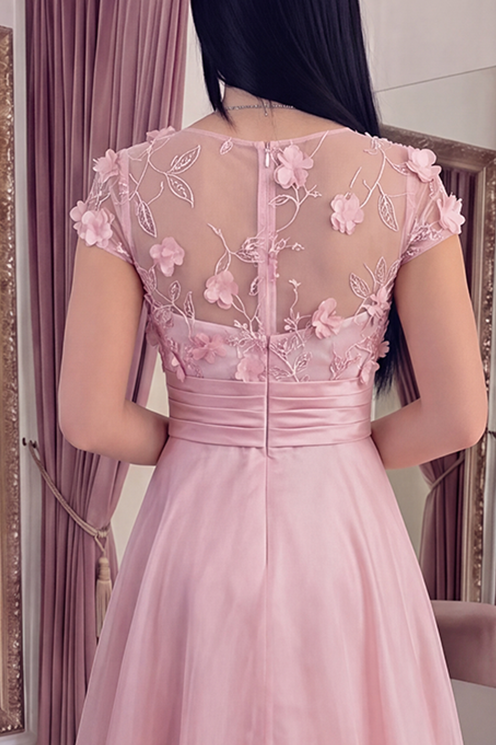 Pink Floral Long A Line Formal Dress with Sleeves