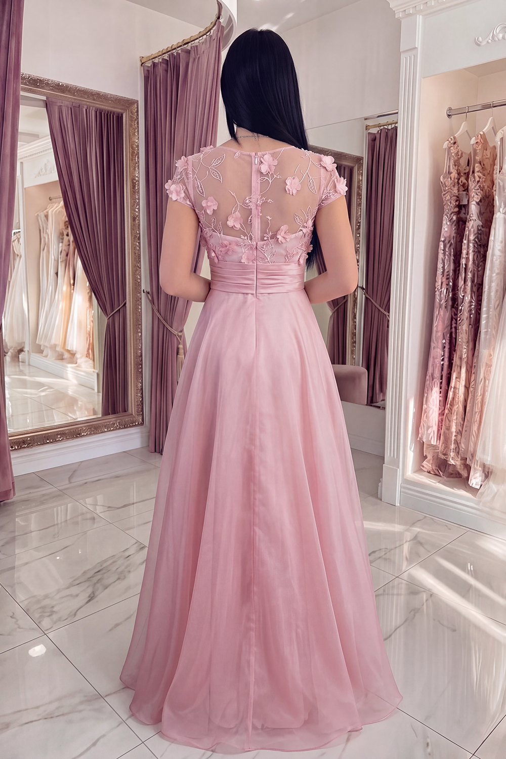 Pink Floral Long A Line Formal Dress with Sleeves