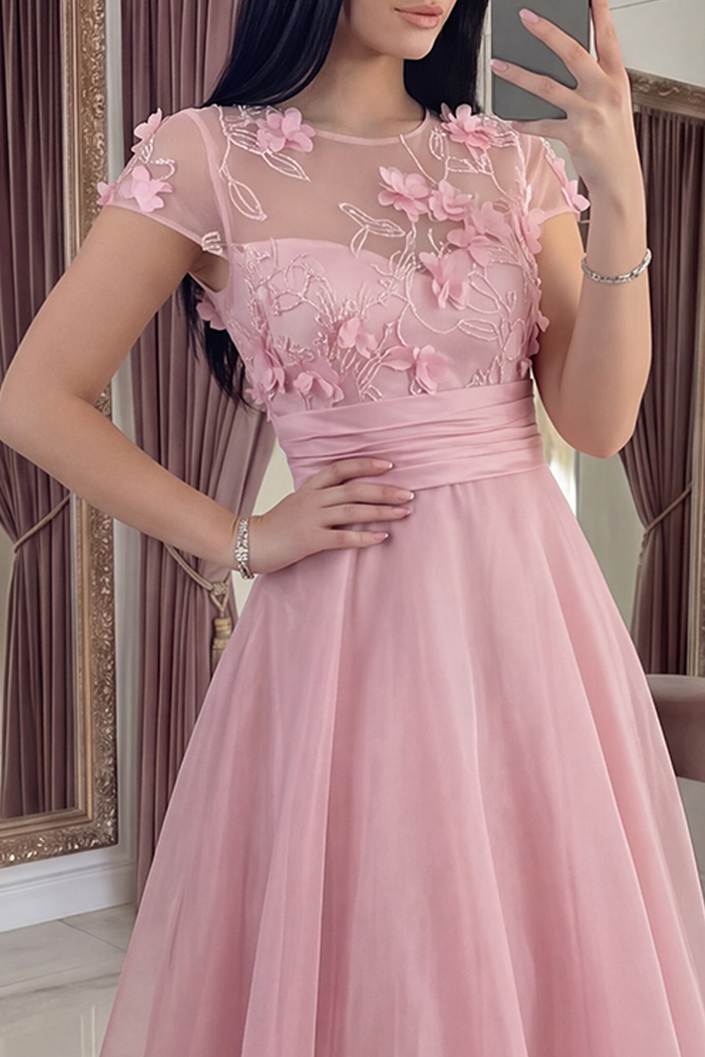 Pink Floral Long A Line Formal Dress with Sleeves
