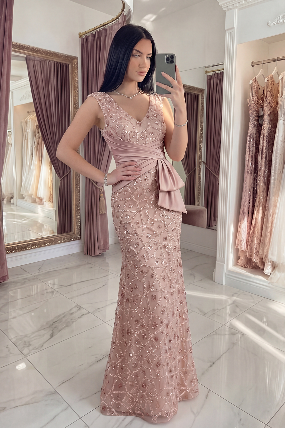 Sparkly Blush V-Neck Mermaid Ruched Long Beaded Evening Dress