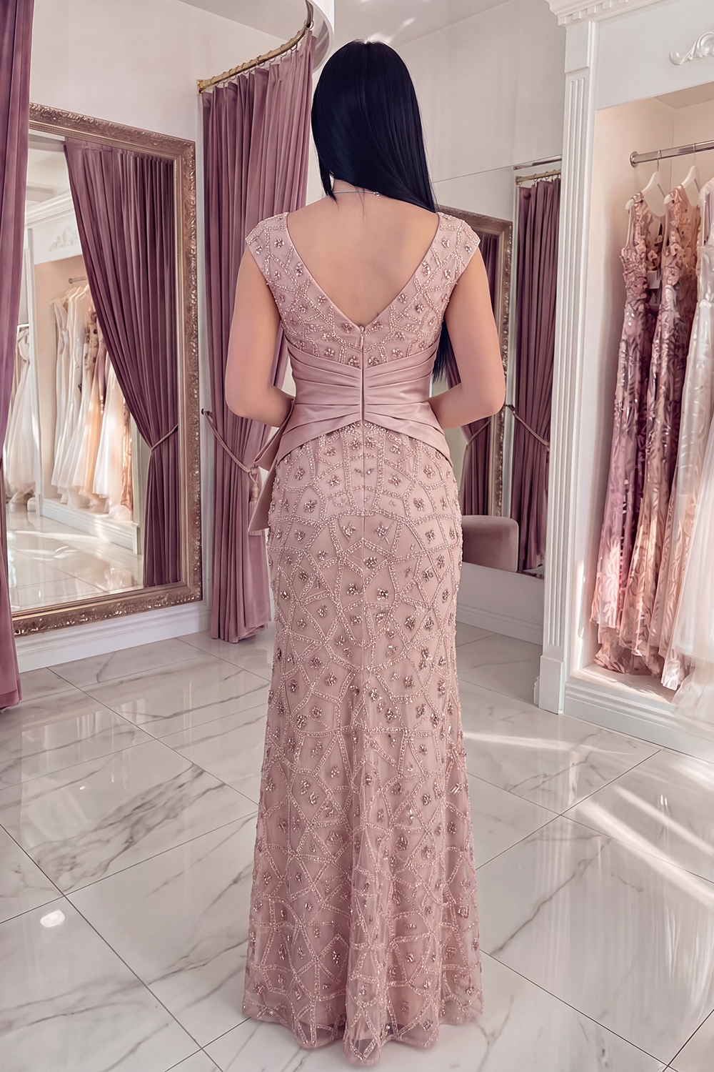 Sparkly Blush V-Neck Mermaid Ruched Long Beaded Evening Dress