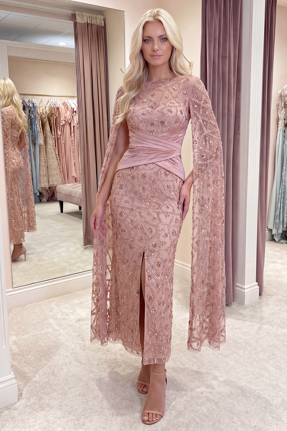 Sparkly Blush Mermaid Ruched Beaded Long Formal Dress with Cape