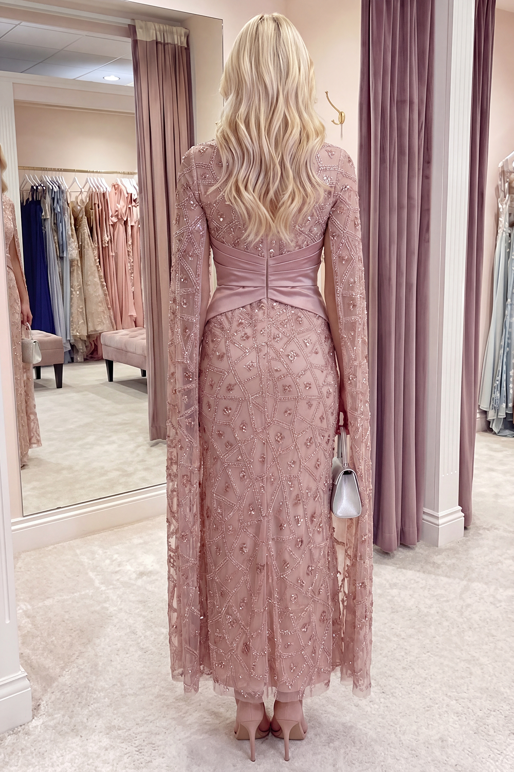 Sparkly Blush Mermaid Ruched Beaded Long Formal Dress with Cape