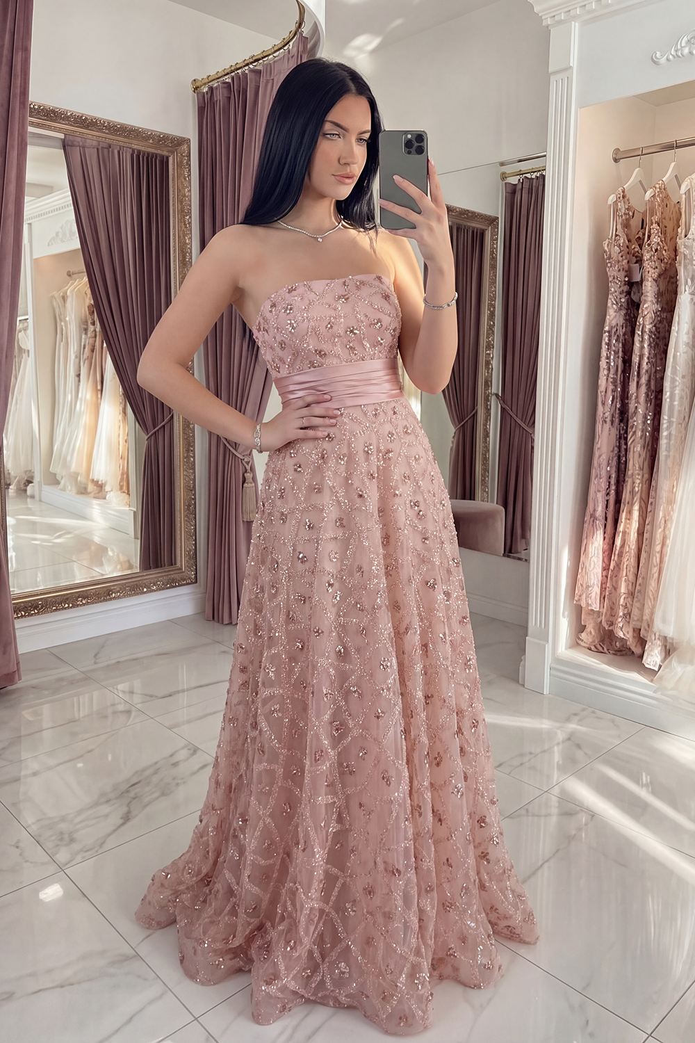 Sparkly Blush Strapless Long A Line Beaded Gala Dress with Cape