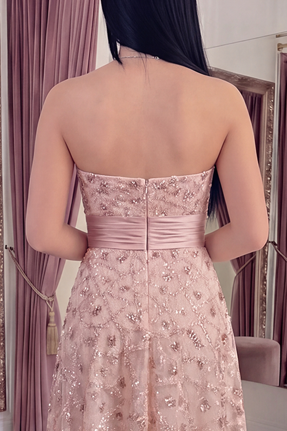 Sparkly Blush Strapless Long A Line Beaded Gala Dress with Cape