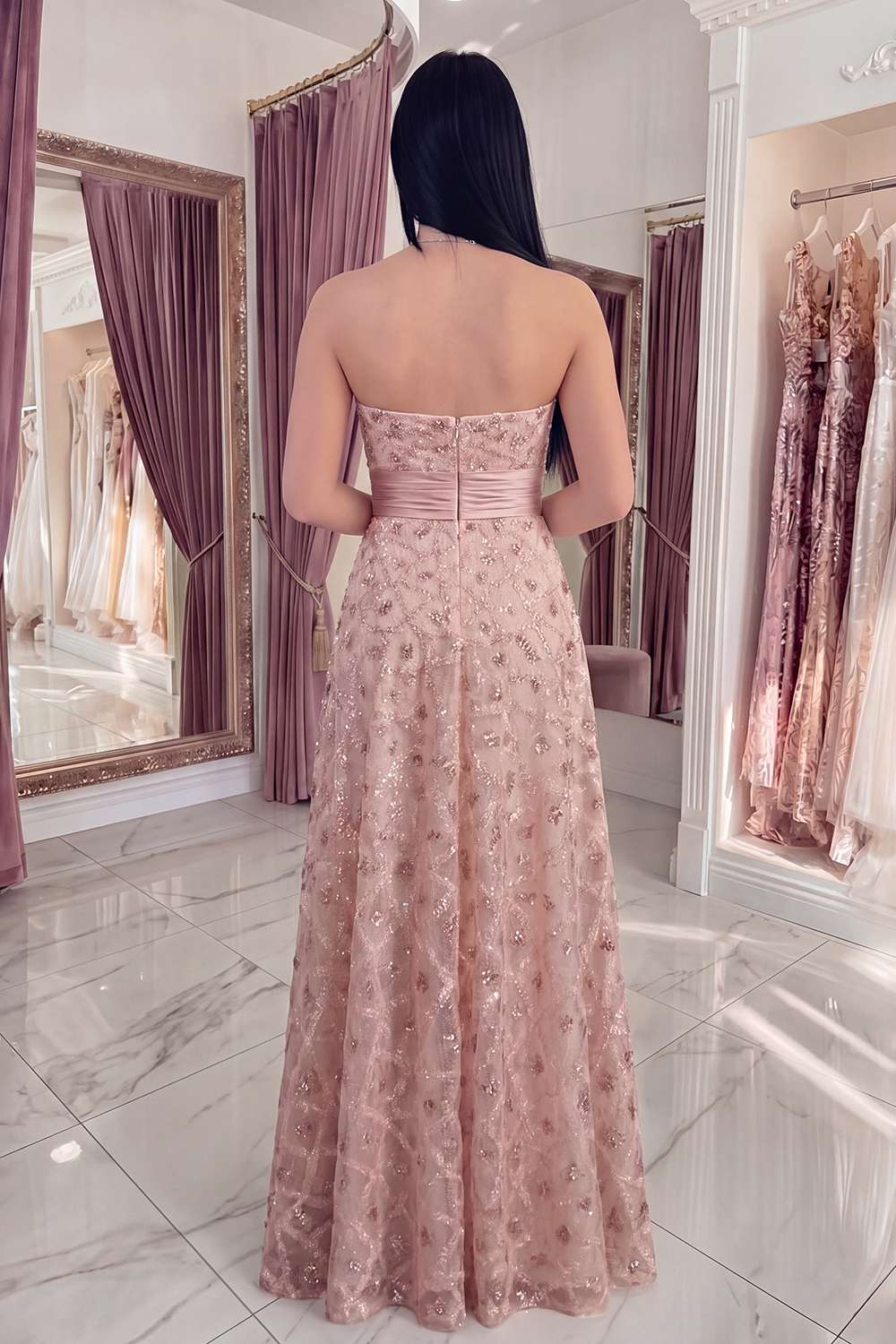 Sparkly Blush Strapless Long A Line Beaded Gala Dress with Cape