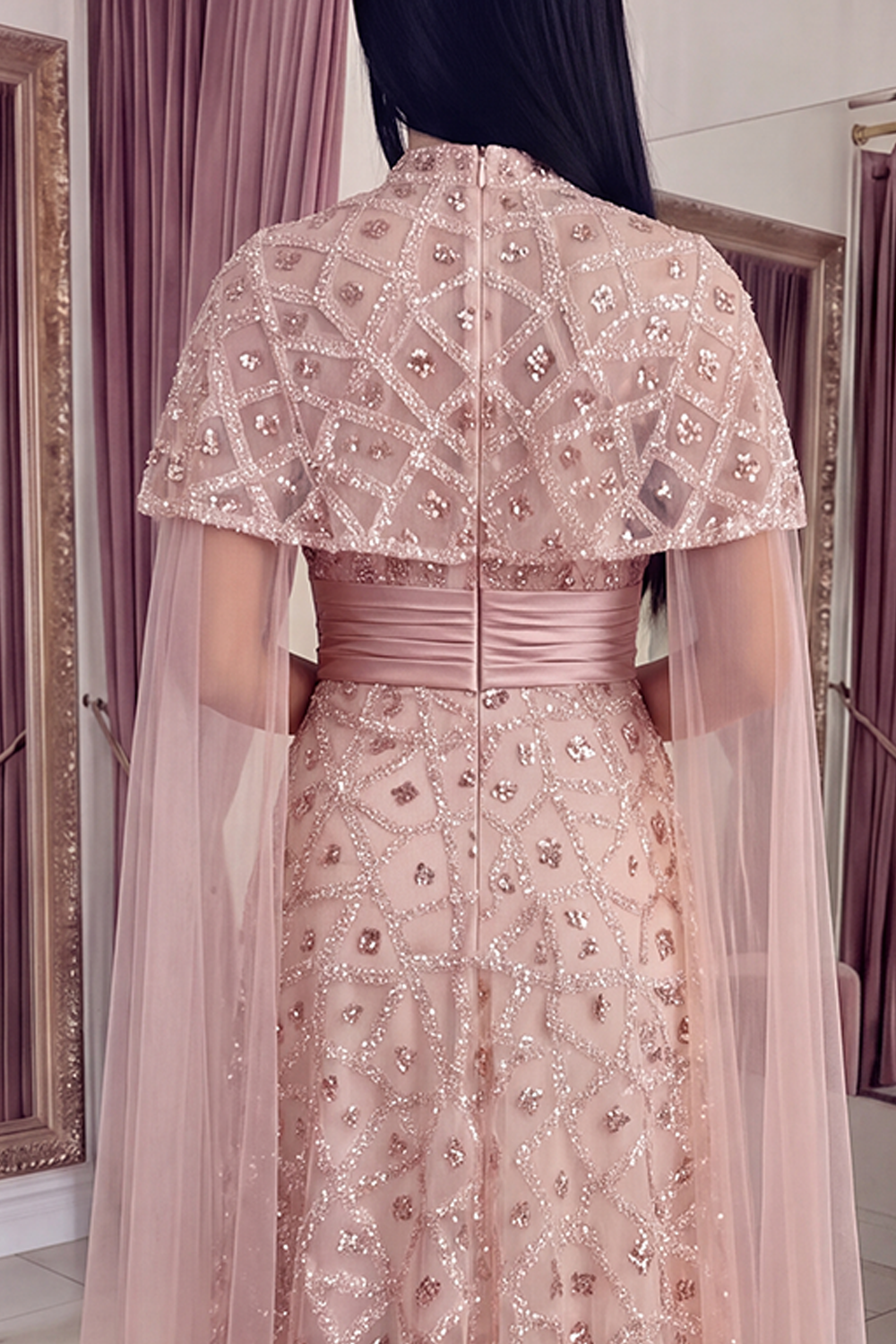 Sparkly Blush Strapless Long A Line Beaded Gala Dress with Cape