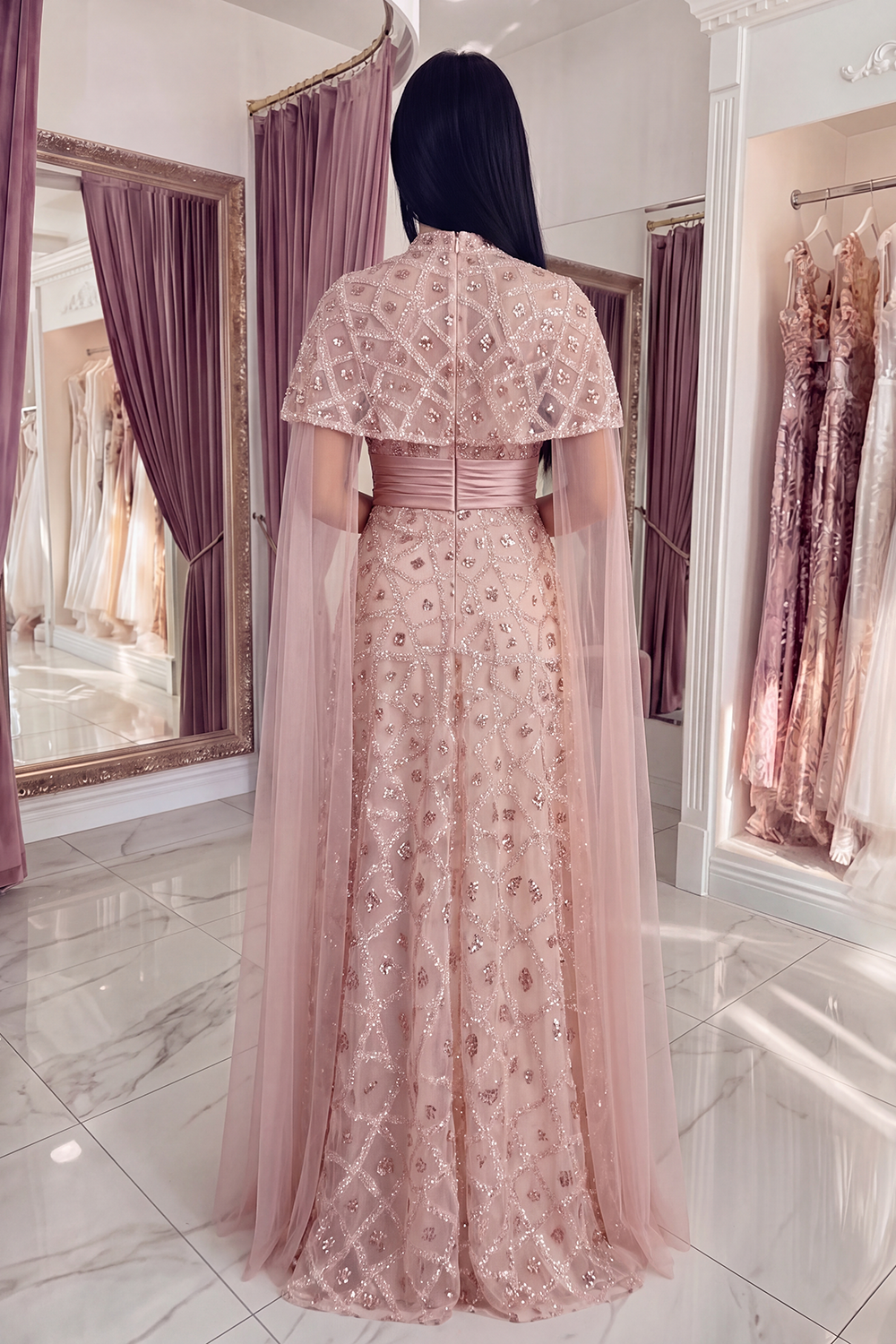 Sparkly Blush Strapless Long A Line Beaded Gala Dress with Cape