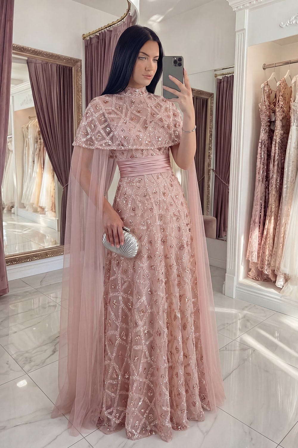Sparkly Blush Strapless Long A Line Beaded Gala Dress with Cape