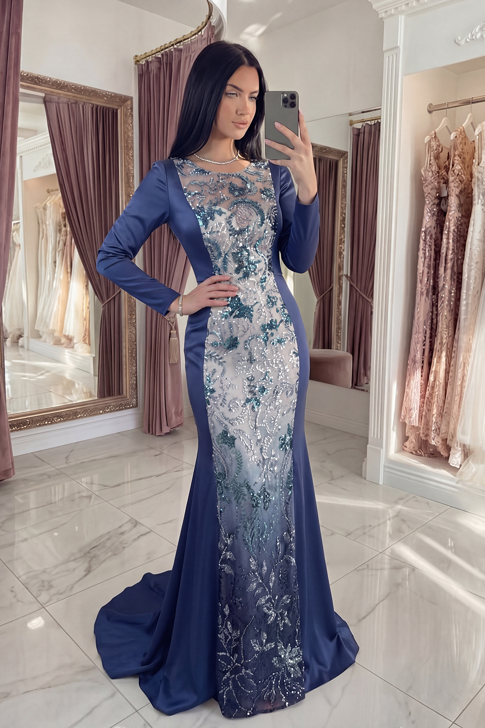 Sparkly Navy Mermaid Beaded Long Round Neck Evening Dress with Sleeves