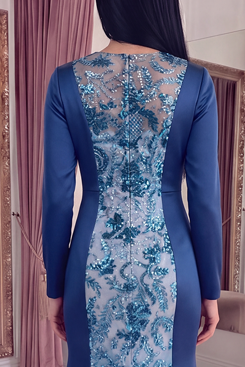 Sparkly Navy Mermaid Beaded Long Round Neck Evening Dress with Sleeves