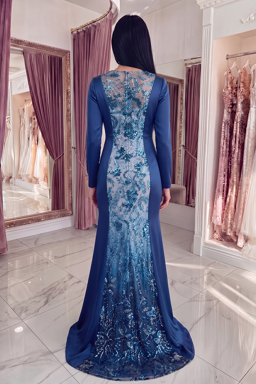 Sparkly Navy Mermaid Beaded Long Round Neck Evening Dress with Sleeves