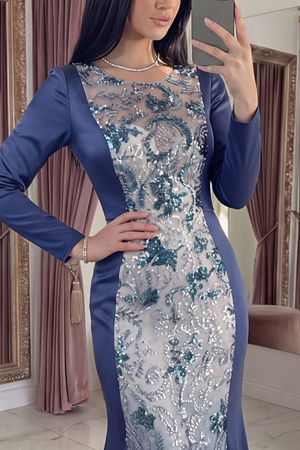 Sparkly Navy Mermaid Beaded Long Round Neck Evening Dress with Sleeves