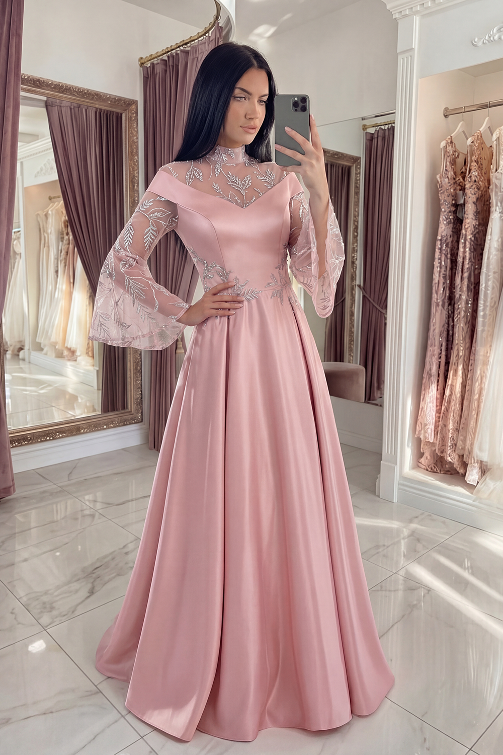 Pink Long A Line Satin Flare Sleeves High Neck Formal Dress