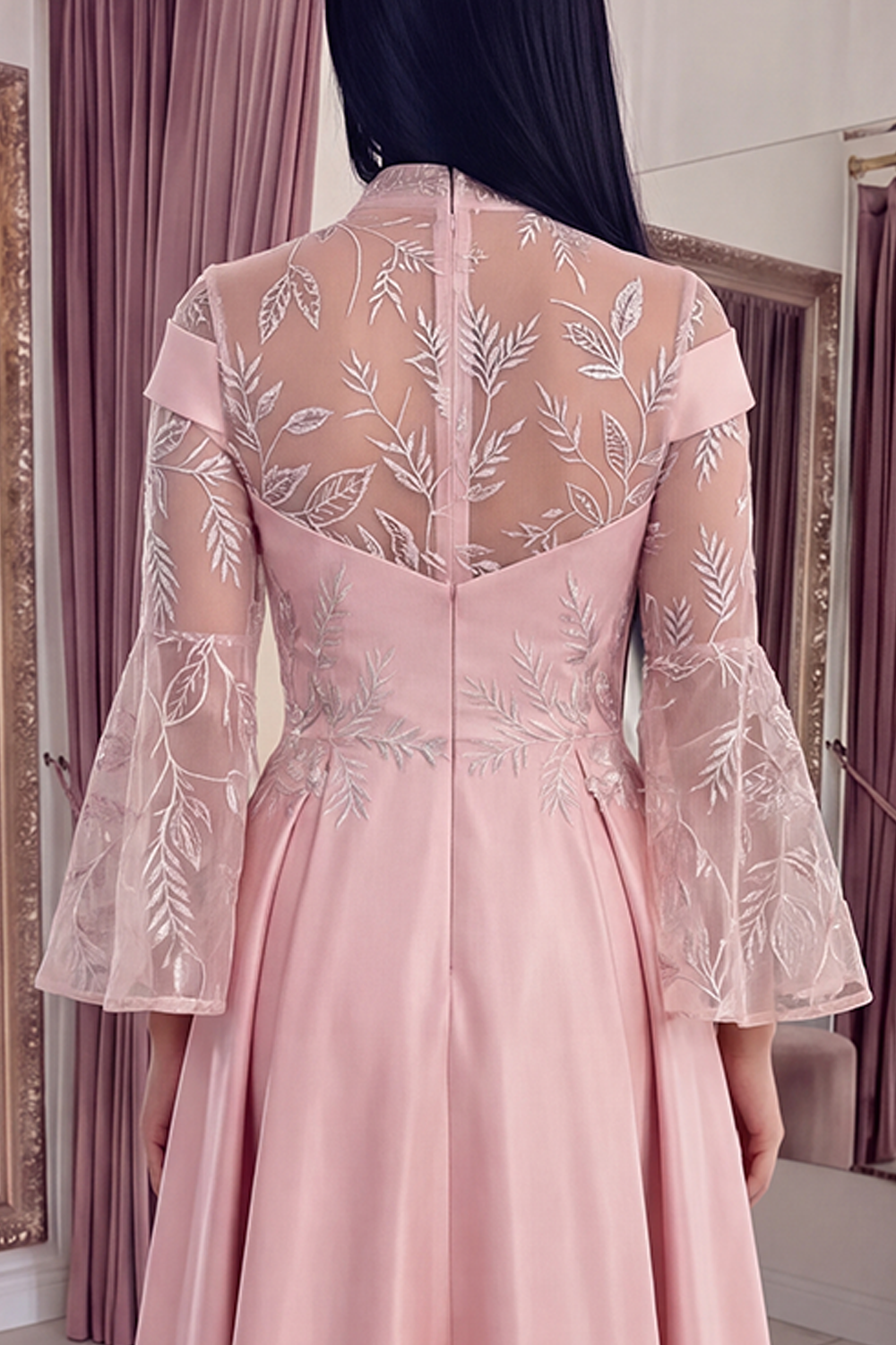 Pink Long A Line Satin Flare Sleeves High Neck Formal Dress