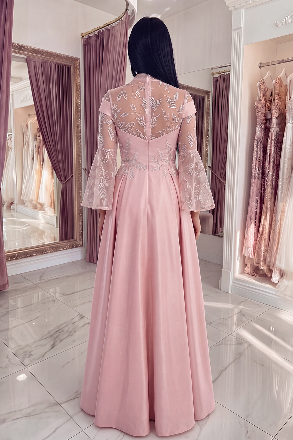 Pink Long A Line Satin Flare Sleeves High Neck Formal Dress