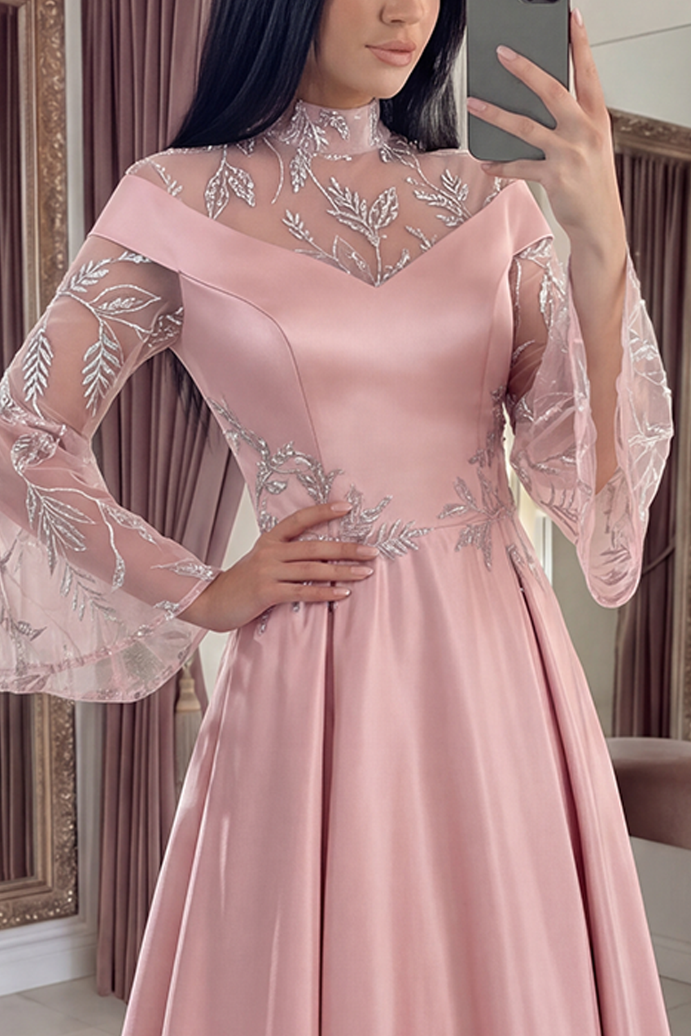 Pink Long A Line Satin Flare Sleeves High Neck Formal Dress