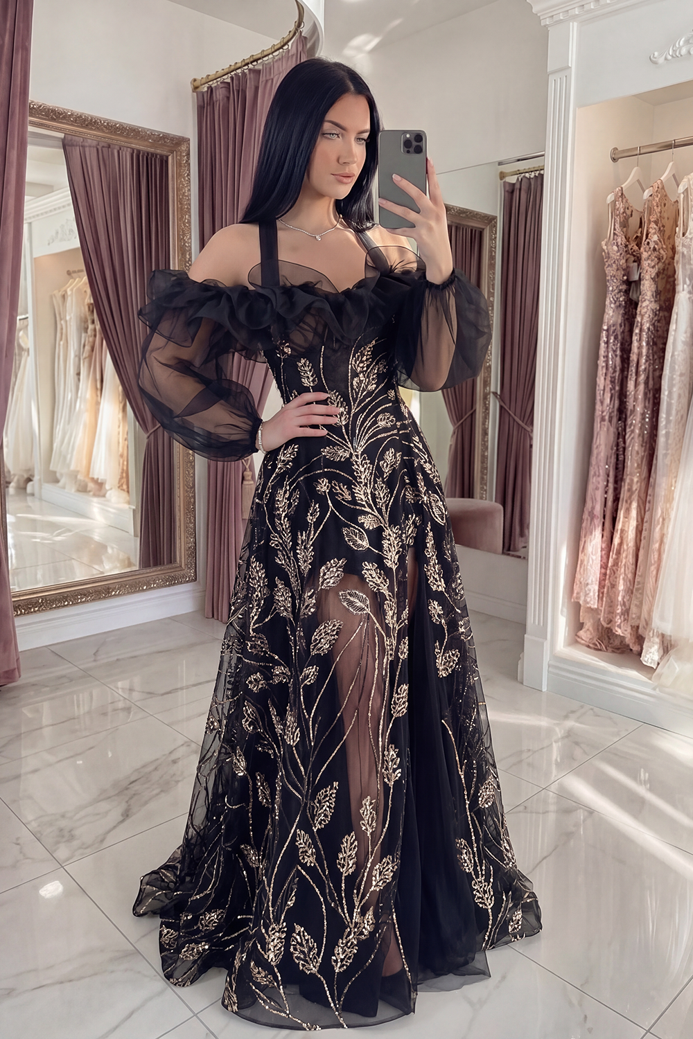 Sparkly Black Ruffled Long Halter A Line Beaded Gala Dress with Slit