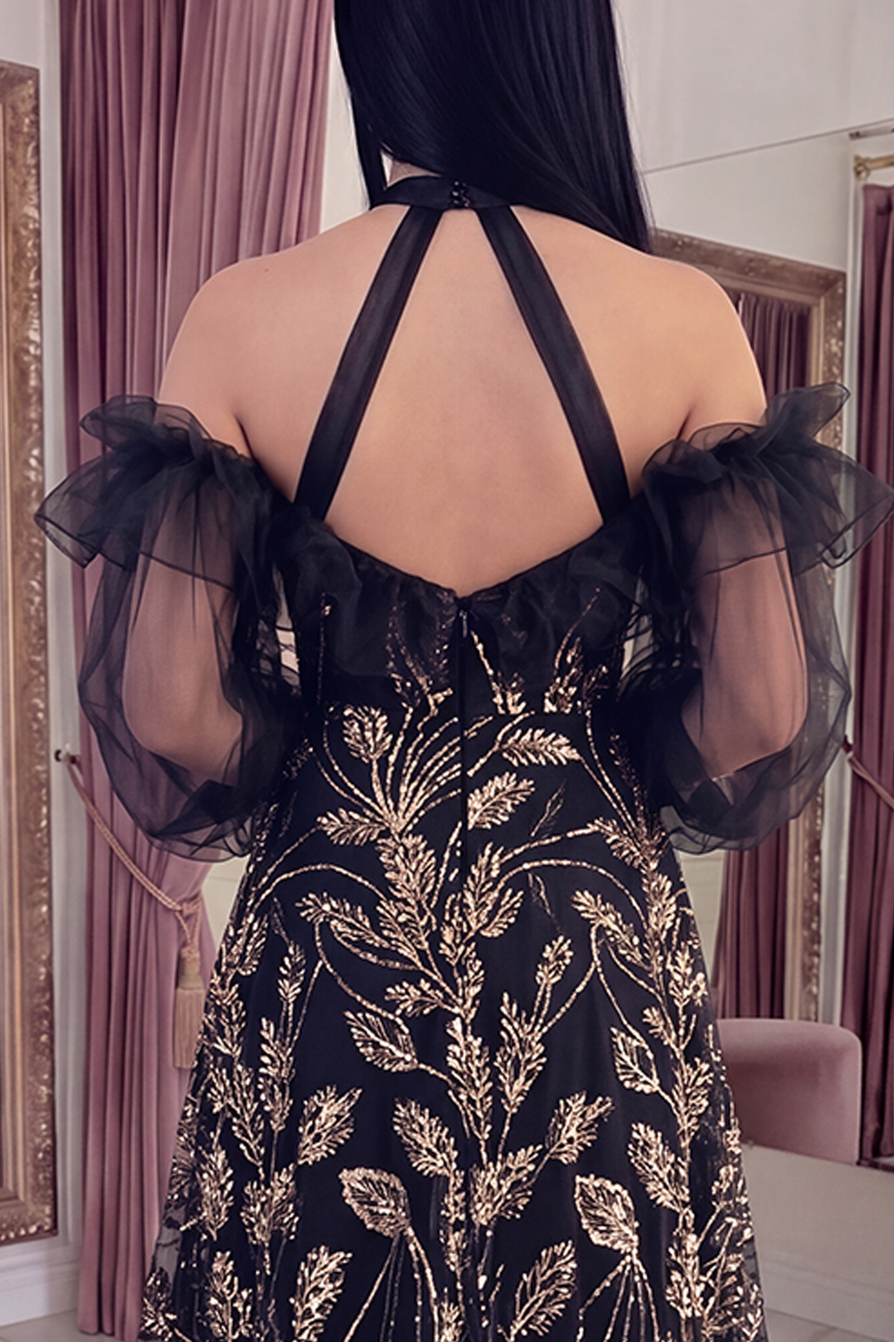 Sparkly Black Ruffled Long Halter A Line Beaded Gala Dress with Slit