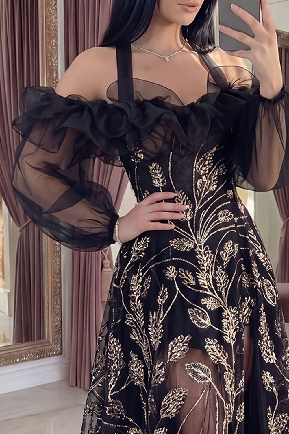 Sparkly Black Ruffled Long Halter A Line Beaded Gala Dress with Slit