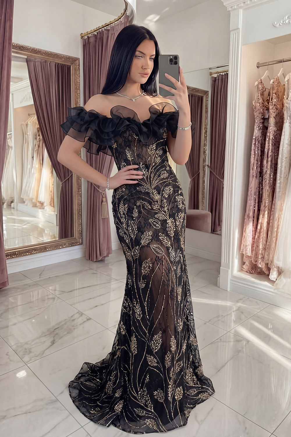 Sparkly Black Mermaid Long Beaded Evening Dress with Ruffles