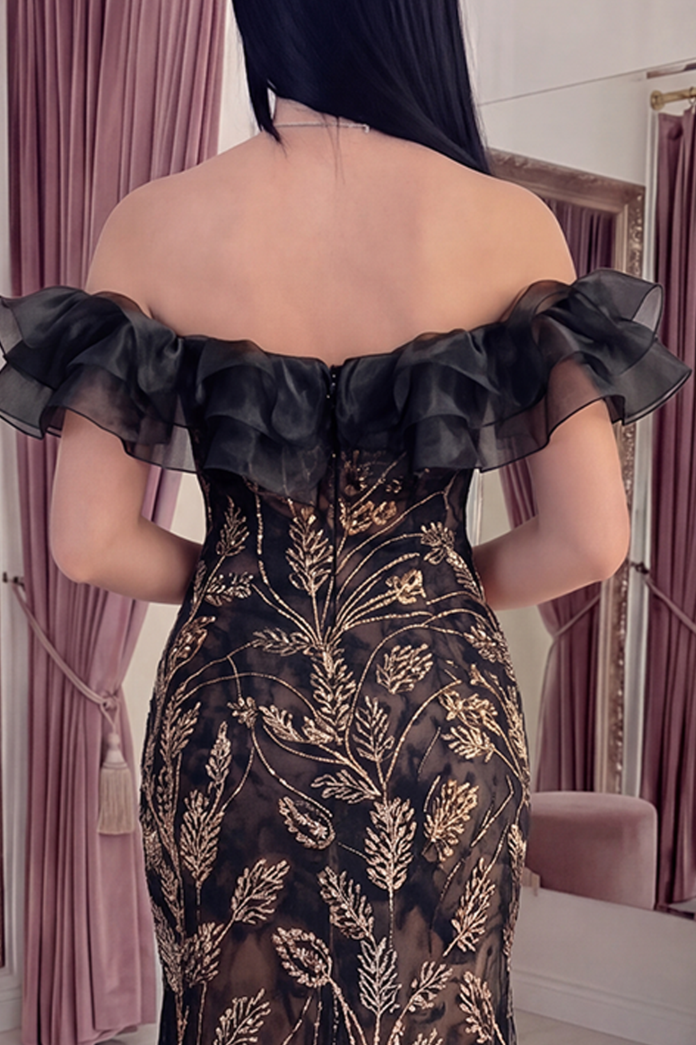 Sparkly Black Mermaid Long Beaded Evening Dress with Ruffles