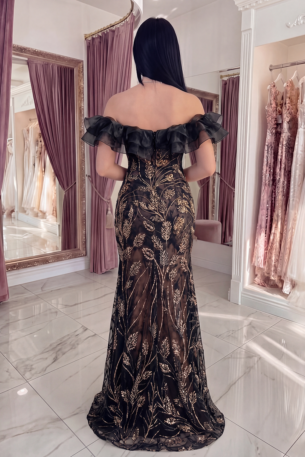 Sparkly Black Mermaid Long Beaded Evening Dress with Ruffles
