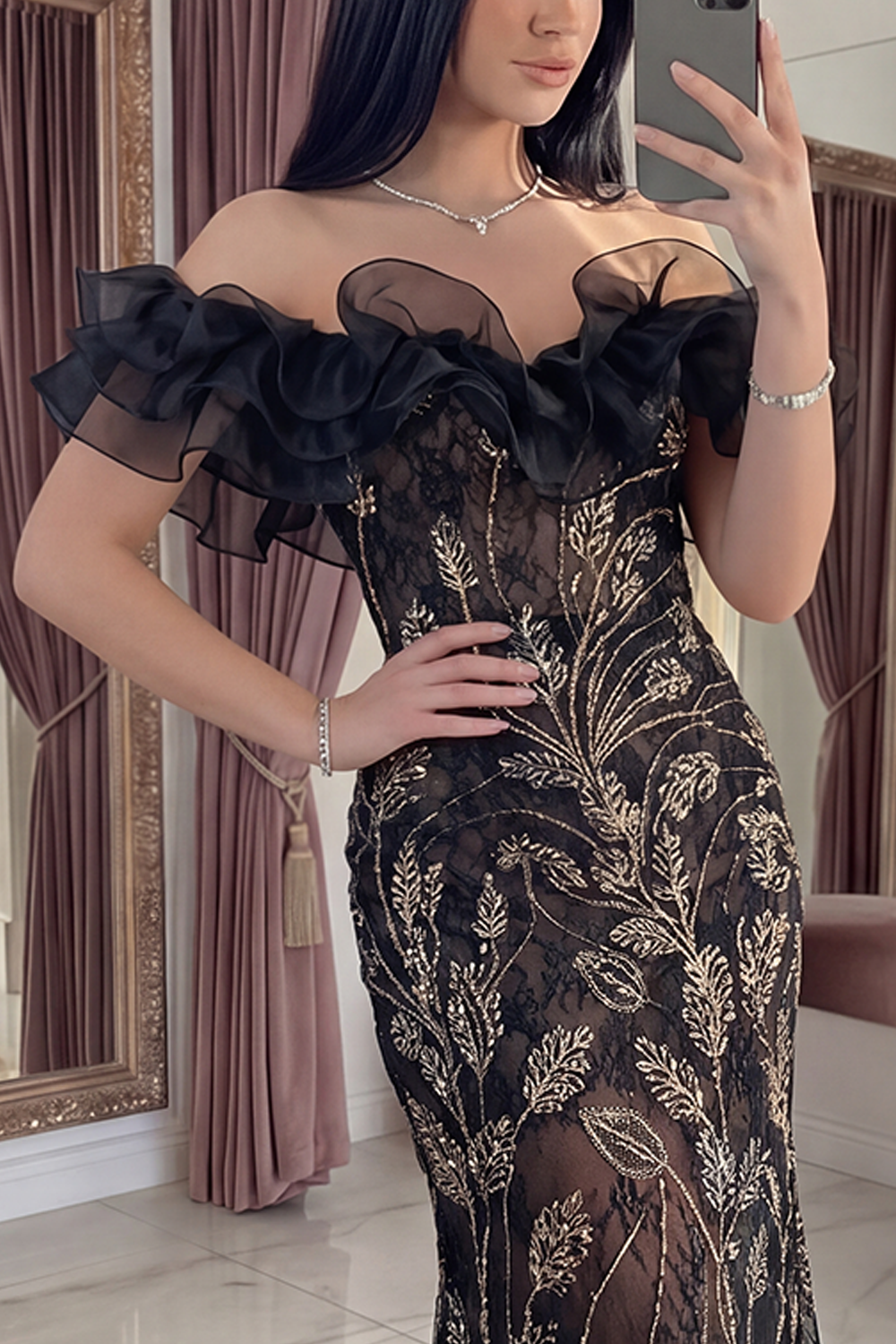 Sparkly Black Mermaid Long Beaded Evening Dress with Ruffles