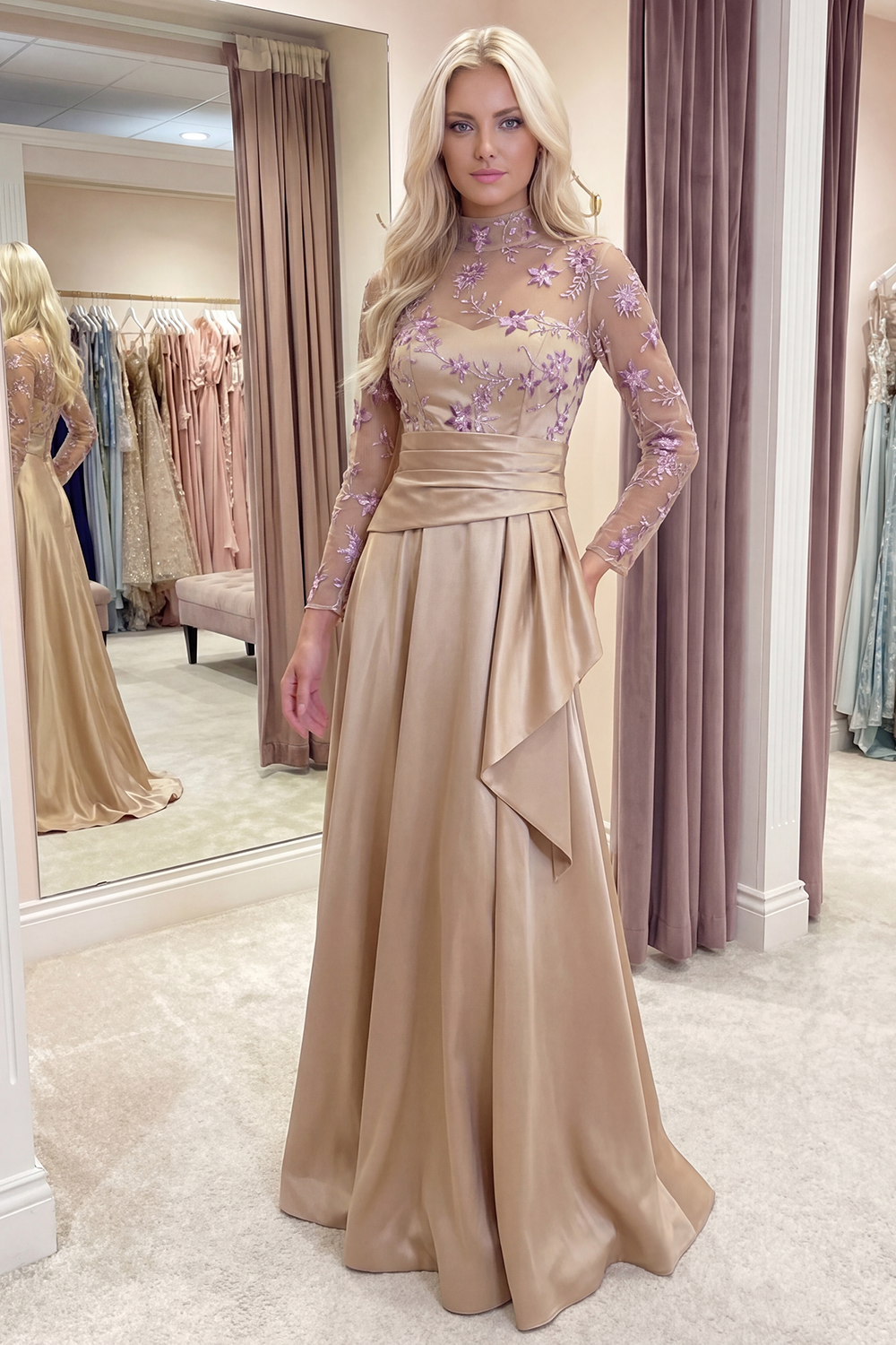 Champagne Floral Ruched Long A Line Evening Dress with Ruffles