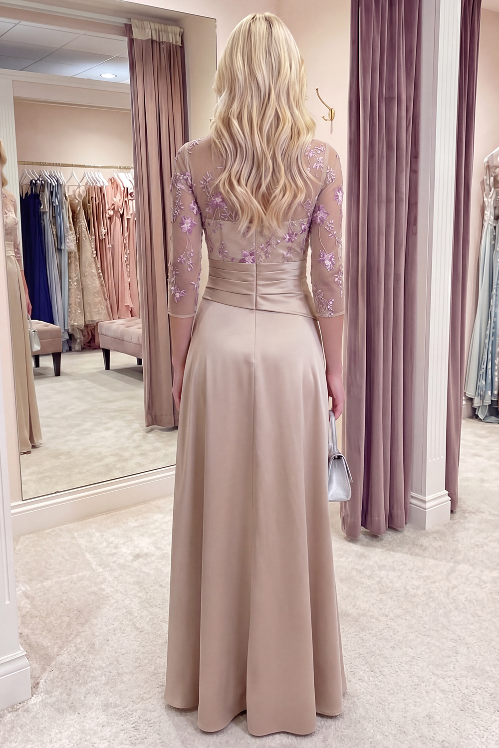 Champagne Floral Ruched Long A Line Evening Dress with Ruffles