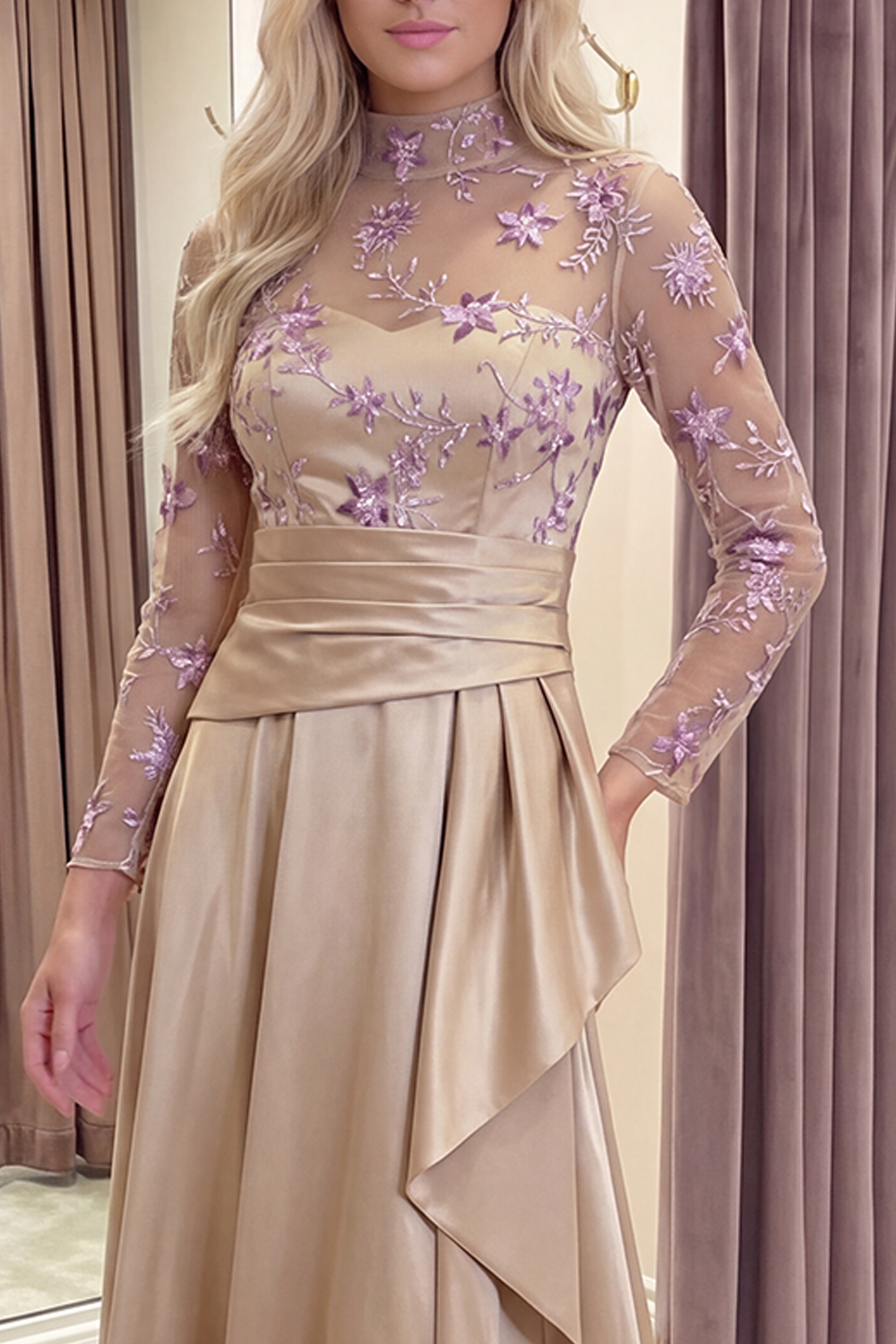 Champagne Floral Ruched Long A Line Evening Dress with Ruffles