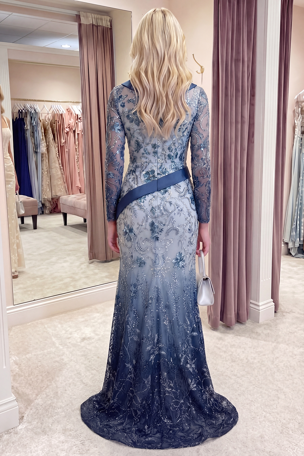 Sparkly Navy Floral V Neck Mermaid Long Beaded Formal Dress