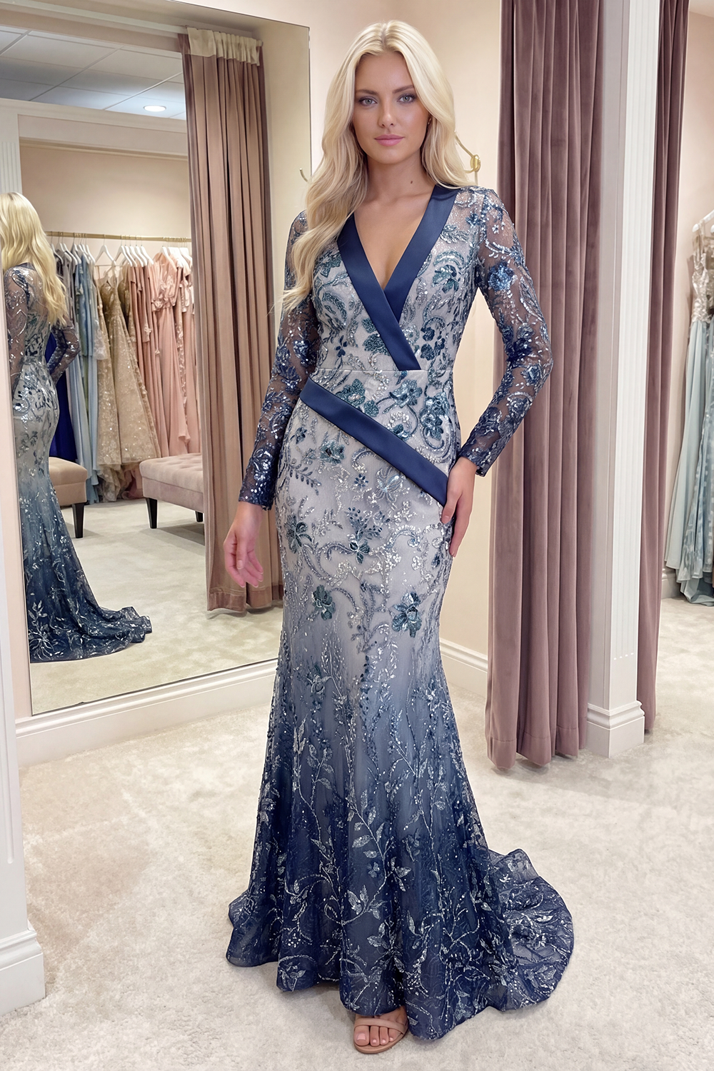 Sparkly Navy Floral V Neck Mermaid Long Beaded Formal Dress